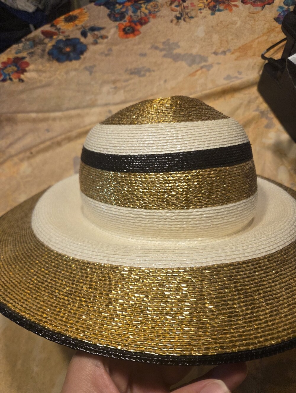 Vintage FRANK OLIVE Stylish Gold & White Straw Sun Hat with Black Band - Picture 5 of 7